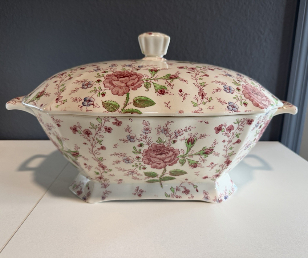 Vintage Johnson Brothers Rectangular Soup Tureen in the Rose Chintz Pink Pattern